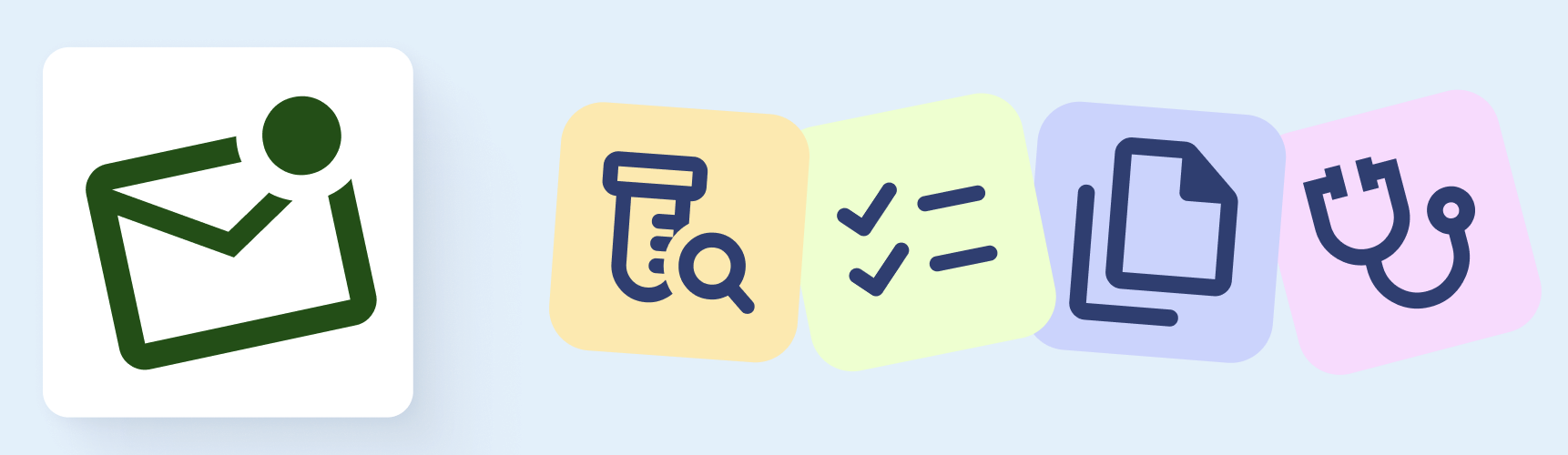 Icone colorate su sfondo azzurro: una busta da lettere verde, una provetta gialla, due segni di spunta verdi, un foglio blu e uno stetoscopio rosa, rappresentanti vari servizi o funzioni.